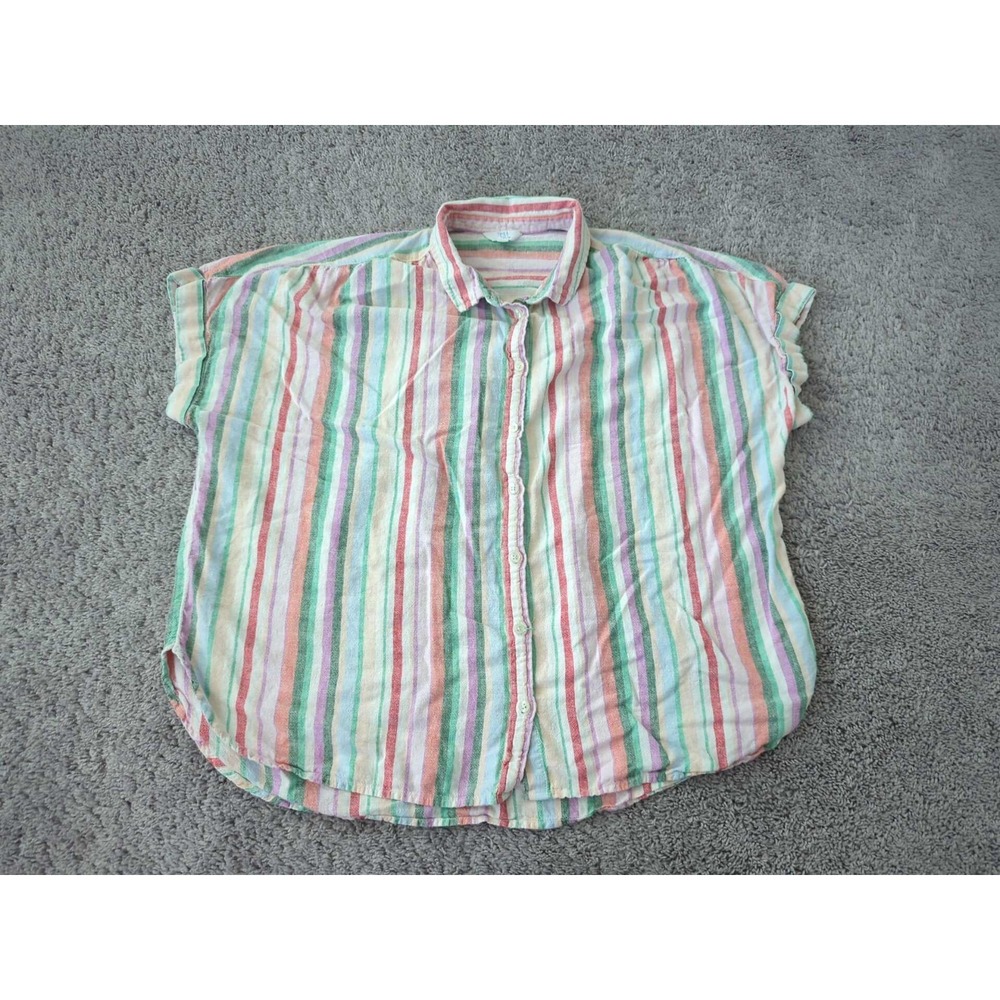 Time and Tru Button Up Shirt Womens 22 PLUS Vertical Stripes RollSleeve 53%Linen